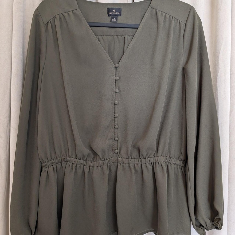 Womens Worthington Olive Green Ruffle Peplum Blouse L Excellent V-Neck Top